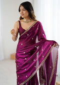 Magenta Embellished Satin Saree Set for Diwali and Festive Wear