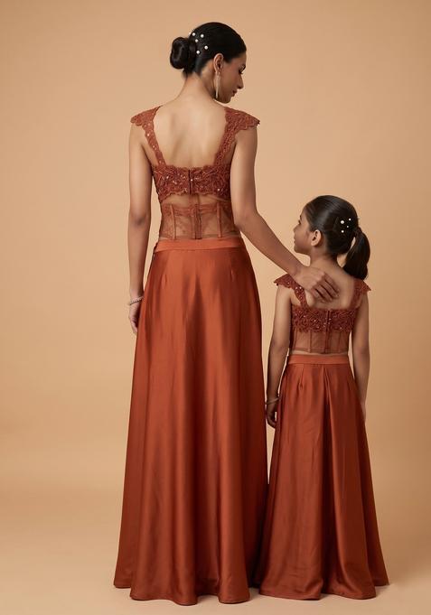 Dreamy Rust Handwork Satin Mother Daughter Lehenga Set | Twin In Royal Style