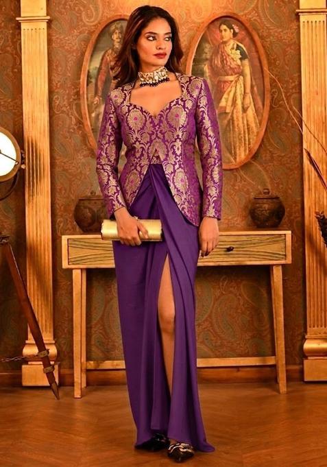 Purple Silk Fusion Set for Diwali and Festive Wear