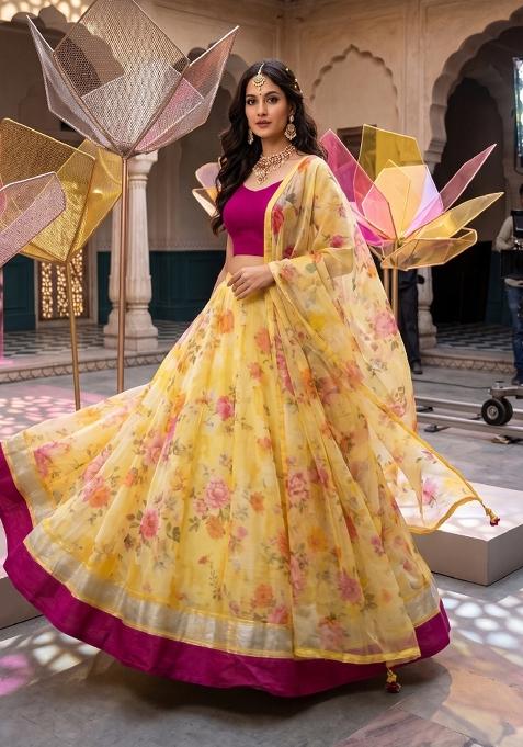 Yellow Printed Linen Lehenga Set for Diwali and Festive Wear