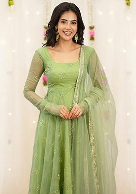 Light Green Embroidered Organza Anarkali Set