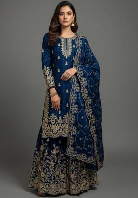 Blue Embroidered Silk Sharara Set