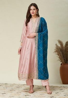 Peach Embroidered Silk Blend Pakistani Suit Set