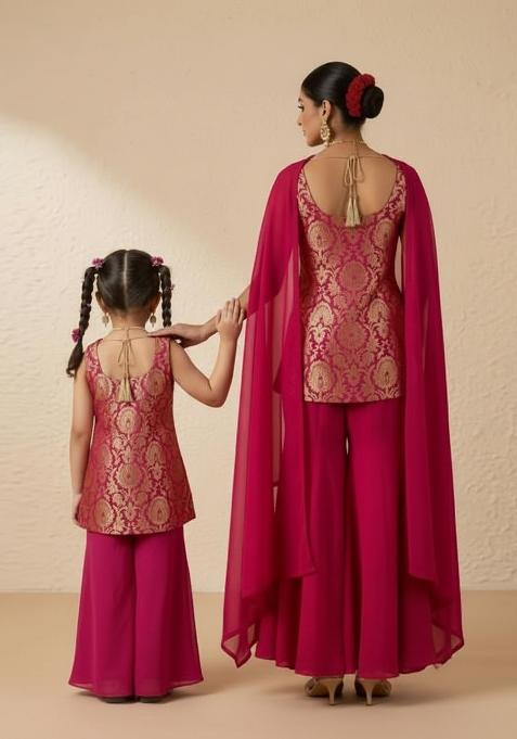 Twirl-Worthy Rani Pink Brocade Mother Daughter Sharara Set | Twirl Together