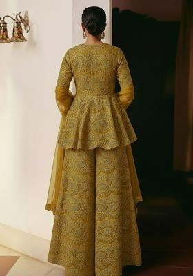Mustard Embroidered Net Sharara Set