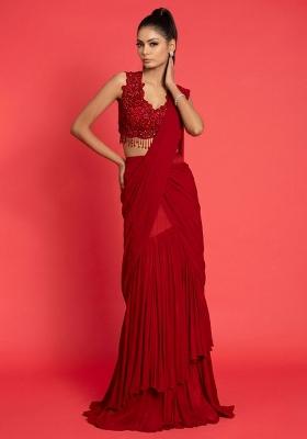 Graceful Red Crepe Handwork Mother Daughter Pre-Draped Saree Set | Drape, Dazzle, Twin