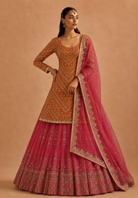 Orange With Dupatta Georgette Lehenga Set with Embroidery for Diwali | Wedding & Festive Wear