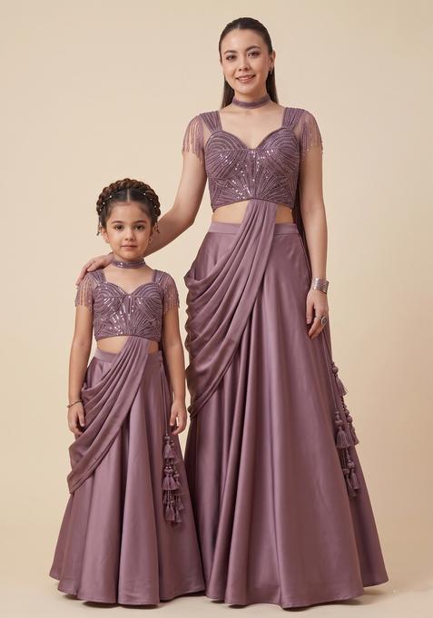 Royal Lavendar Embroidered Handwork Mother Daughter Lehenga Set | Twin In Royal Style
