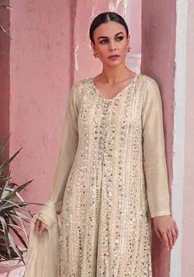 Off White Embroidered Georgette Straight Kurta Set