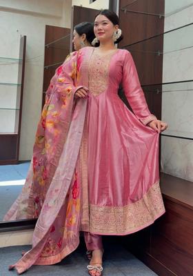 Pink Embroidery Silk Blend Kurta Sets