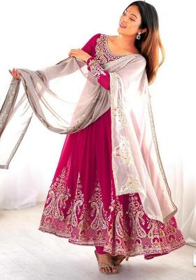 Red Embroidered Blended Anarkali Set
