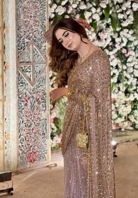 Light Pink Motif Net Saree Set for Diwali | Wedding & Festive Wear