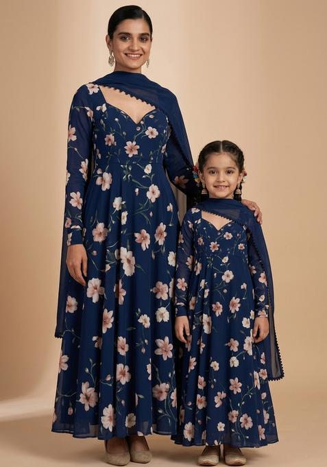 Graceful Navy Blue Crepe Floral Printed Mother Daughter Anarkali Set | Twin In Grace