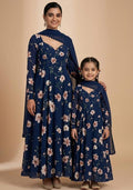 Graceful Navy Blue Crepe Floral Printed Mother Daughter Anarkali Set | Twin In Grace