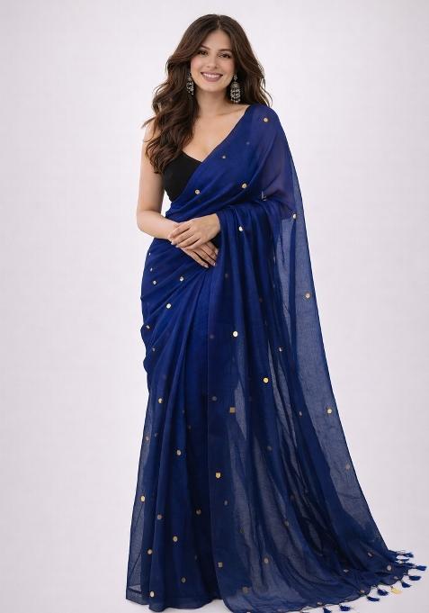 Navy Blue Woven Khadi Saree Set for Diwali and Festive Wear