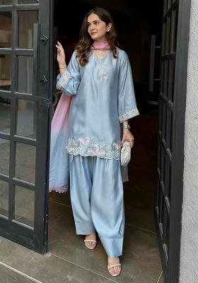 Blue Embroidered Silk Blend Punjabi Suit