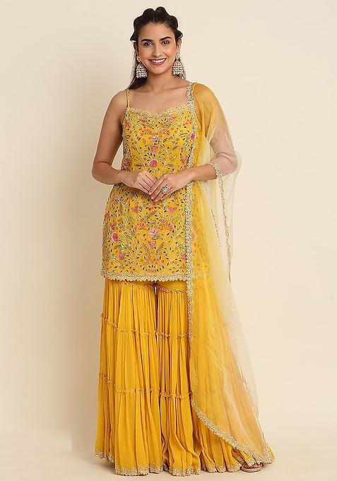 Yellow Embroidery Georgette Sharara Set