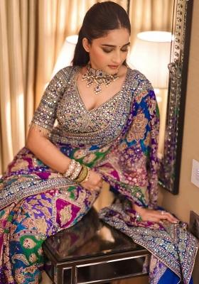 Blue Solid Silk Blend Saree Set for Diwali | Wedding & Festive Wear