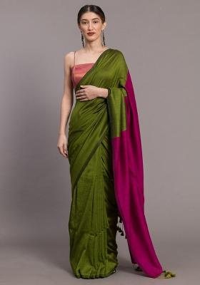 Green Weaving Khadi Cotton Saree Set for Diwali and Festive Wear