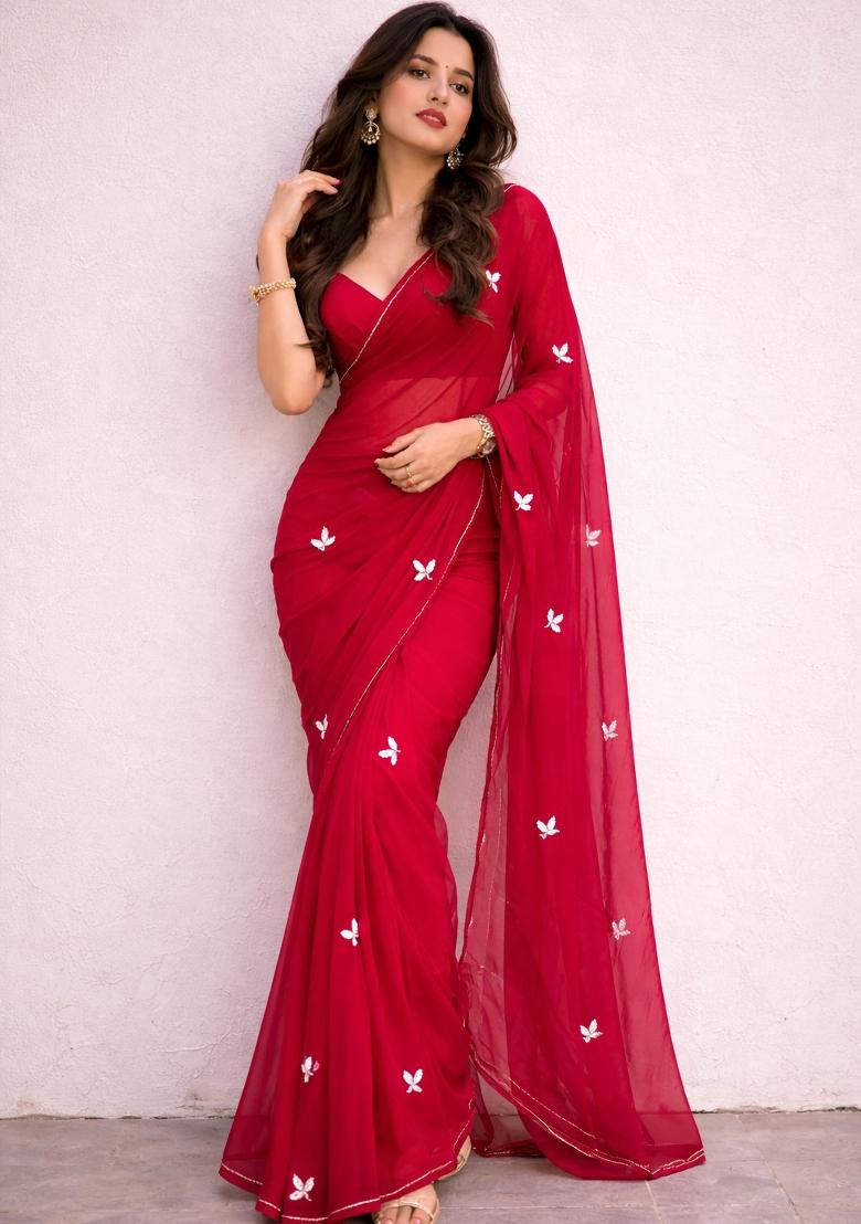 Red Handwork Georgette Saree Set for Diwali and Festive Wear