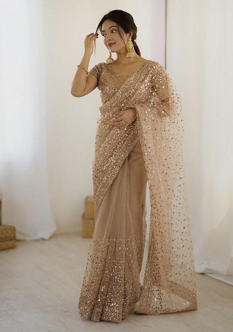 Golden Net Saree with Sequins for Diwali | Wedding & Festive Wear