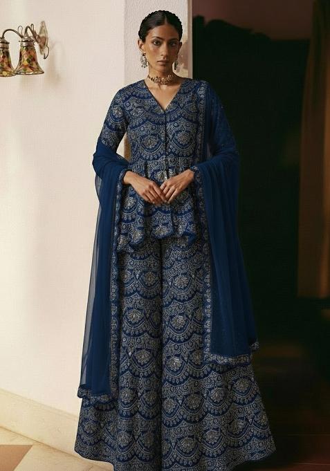 Navy Blue Embroidered Net Sharara Set