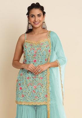 Sky Blue Embroidery Georgette Sharara Set
