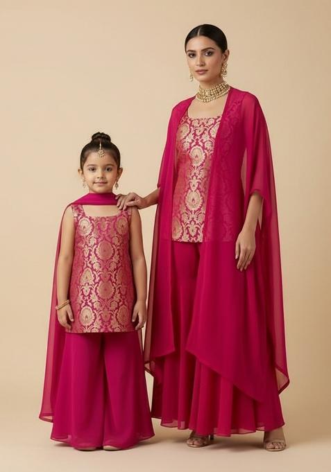 Twirl-Worthy Rani Pink Brocade Mother Daughter Sharara Set | Twirl Together