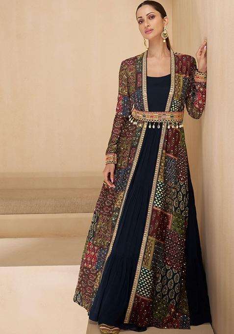 Blue Printed Georgette Anarkali Set