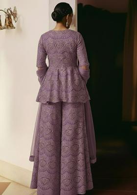 Lavender Embroidered Net Sharara Set