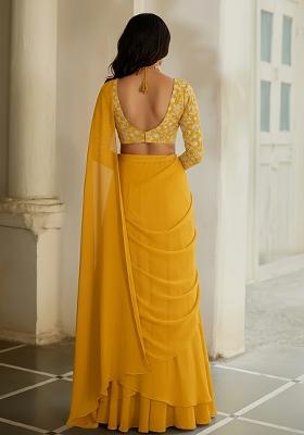 Mustard Yellow Tissue Pre Draped Saree Set With Embroidered Blouse