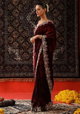 Maroon Embroidered Viscose Saree Set for Diwali and Festive Wear
