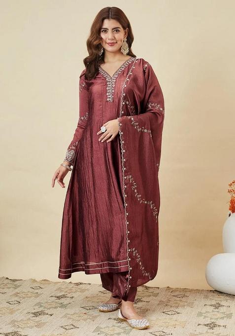 Maroon Embroidery Silk Blend Kurta Set