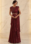Burgundy Embroidered Handwork Pre Draped Saree Set