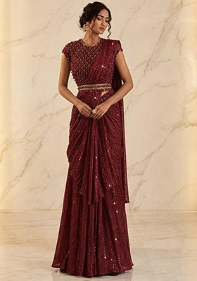 Burgundy Embroidered Handwork Pre Draped Saree Set