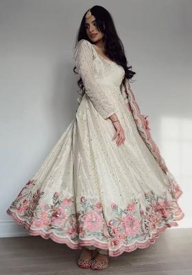 Off White Embroidered Silk Blend Anarkali Set