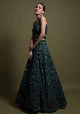 Green Sequin Work Net Lehenga Set for Diwali and Festive Wear