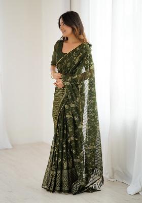 Mehendi Embroidery Silk Blend Saree Set for Diwali and Festive Wear