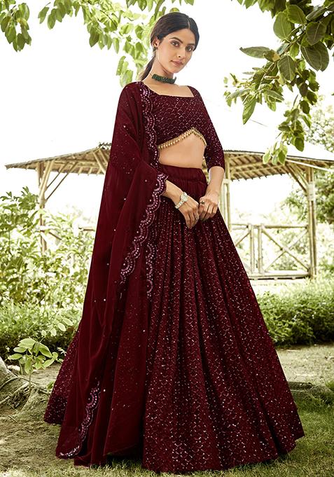 Maroon Georgette Lehenga Set with Embroidered for Diwali | Wedding & Festive Wear