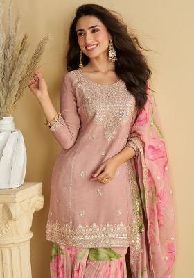Pink Embroidered Chinon Sharara Set