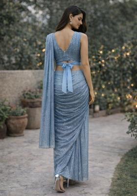 Blue Sequins Embroidery Net Pre Draped Saree Set for Diwali and Festive Wear