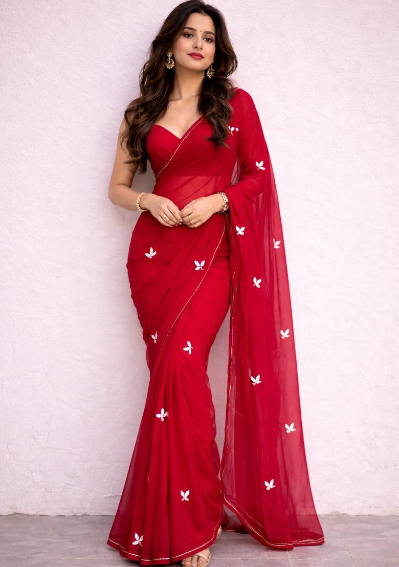 Red Handwork Georgette Saree Set for Diwali and Festive Wear