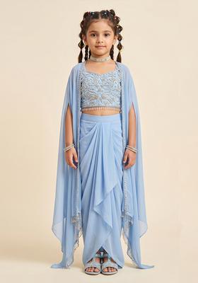 Pretty Powder Blue Embroidered Handwork Mother Daughter Fusion Set | Twin In Charm