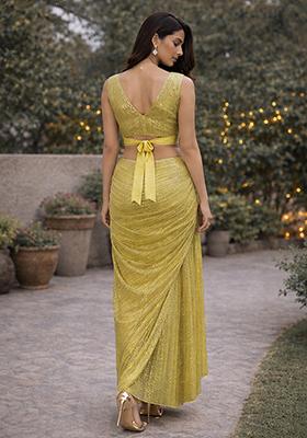 Yellow Sequins Embroidery Net Pre Draped Saree Set for Diwali and Festive Wear