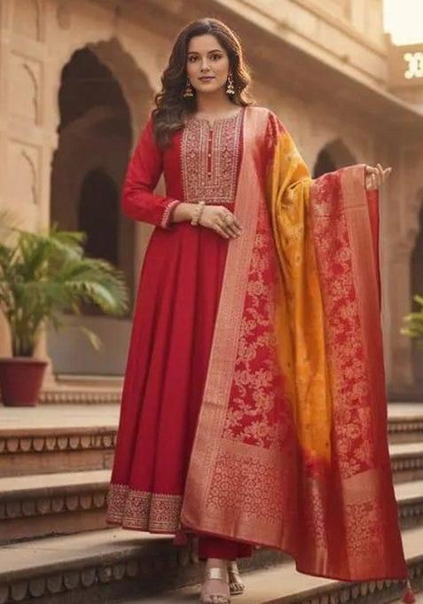 Red Embroidered Silk Blend Anarkali Set