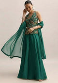Teal Green Embroidered Crepe Fusion Set for Diwali and Festive Wear
