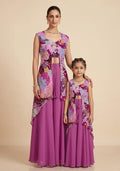 Pretty Magenta Purple Printed Crepe Mother Daughter Fusion Set | Twin In Charm