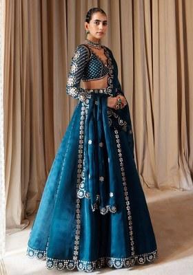 Dark Blue Sequin Work Silk Blend Lehenga Set for Diwali and Festive Wear