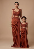 Dreamy Rust Handwork Satin Mother Daughter Lehenga Set | Twin In Royal Style