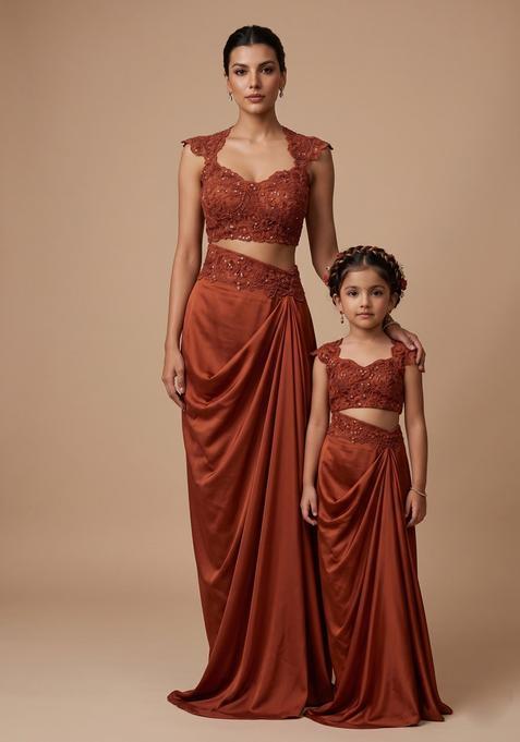 Dreamy Rust Handwork Satin Mother Daughter Lehenga Set | Twin In Royal Style
